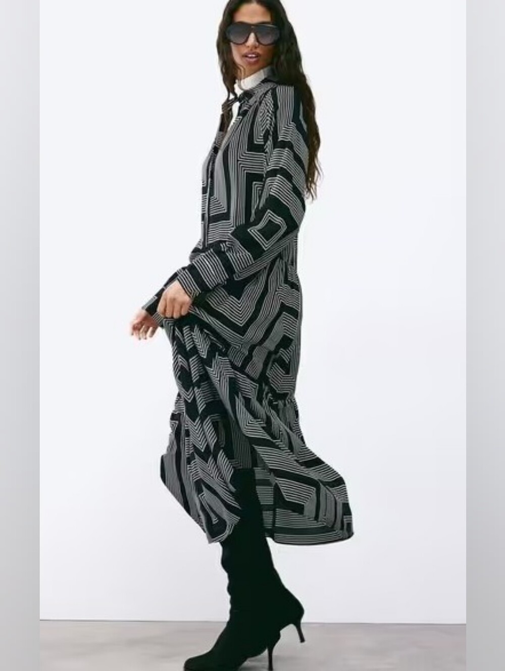 H&M Black White Geometric Print Tiered Midi Shirt Dress Modest - Plus Size XXL